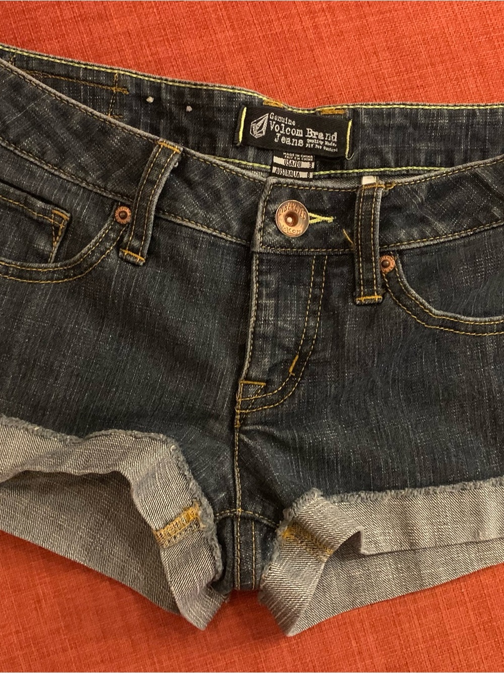 Volcom Dark Indigo Denim Cutoff Shorts with Gold Stitching
